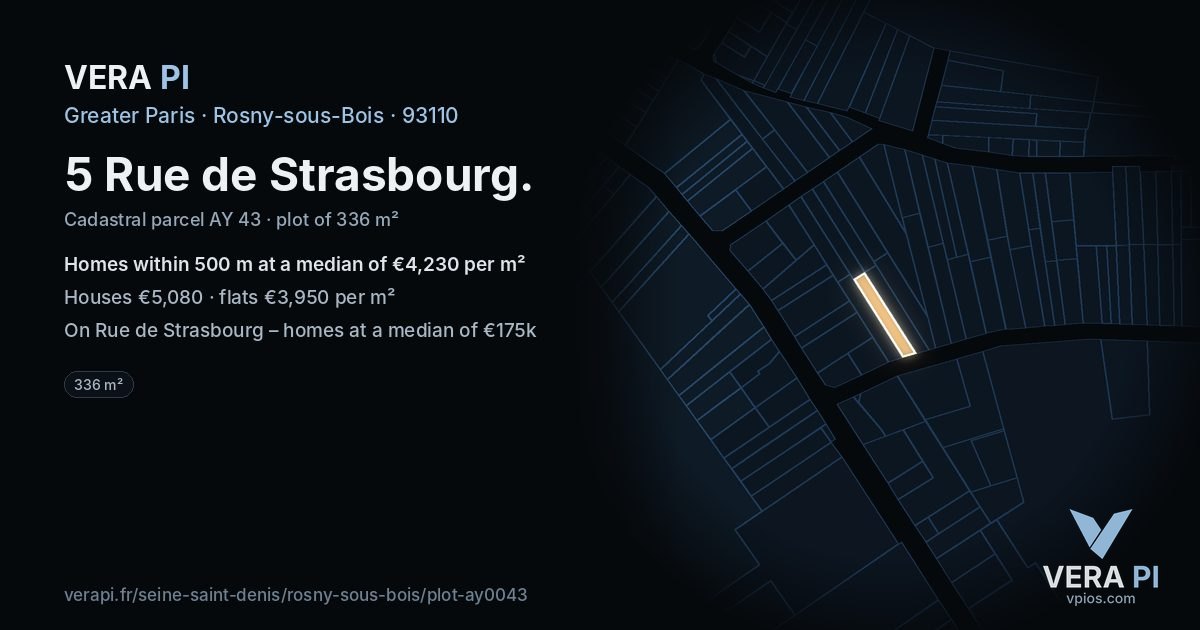 5 Rue de Strasbourg, Rosny-sous-Bois at night – the plot lit, the parcels around coloured by the prices near them
