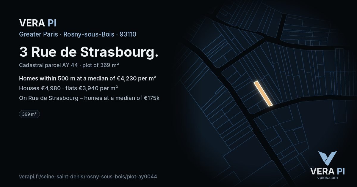 3 Rue de Strasbourg, Rosny-sous-Bois at night – the plot lit, the parcels around coloured by the prices near them