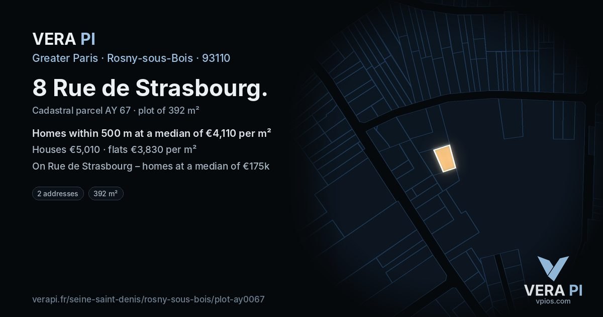 8 Rue de Strasbourg, Rosny-sous-Bois at night – the plot lit, the parcels around coloured by the prices near them