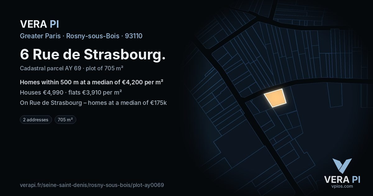6 Rue de Strasbourg, Rosny-sous-Bois at night – the plot lit, the parcels around coloured by the prices near them