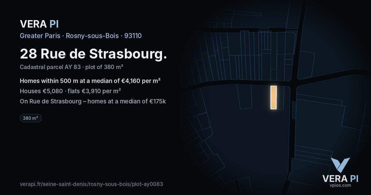 28 Rue de Strasbourg, Rosny-sous-Bois at night – the plot lit, the parcels around coloured by the prices near them