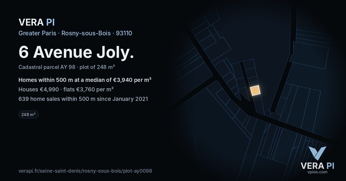 6 Avenue Joly, Rosny-sous-Bois at night – the plot lit, the parcels around coloured by the prices near them