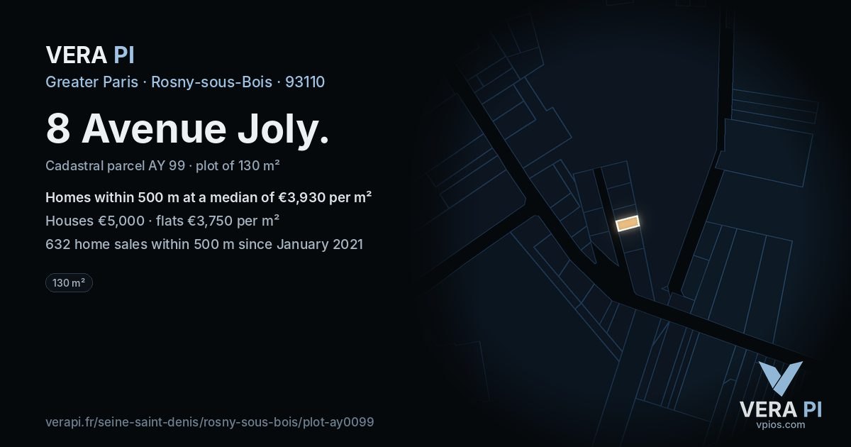 8 Avenue Joly, Rosny-sous-Bois at night – the plot lit, the parcels around coloured by the prices near them