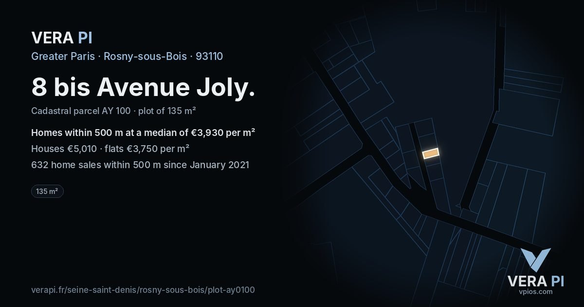 8 bis Avenue Joly, Rosny-sous-Bois at night – the plot lit, the parcels around coloured by the prices near them