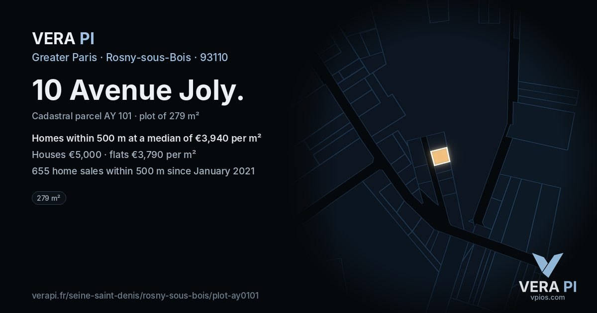 10 Avenue Joly, Rosny-sous-Bois at night – the plot lit, the parcels around coloured by the prices near them