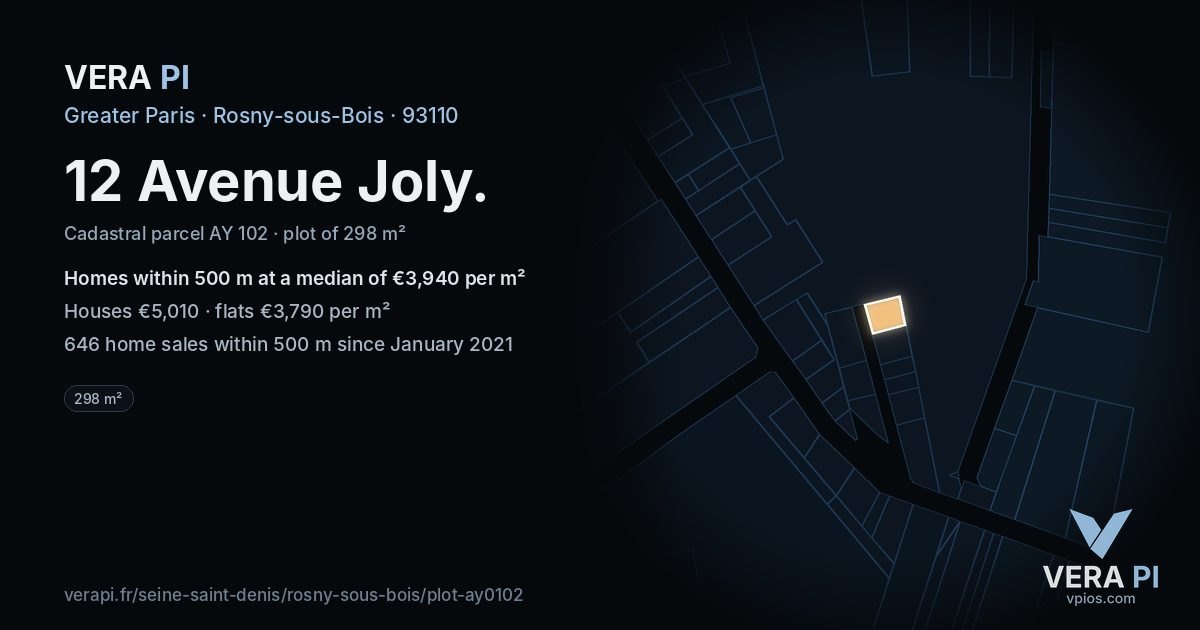12 Avenue Joly, Rosny-sous-Bois at night – the plot lit, the parcels around coloured by the prices near them