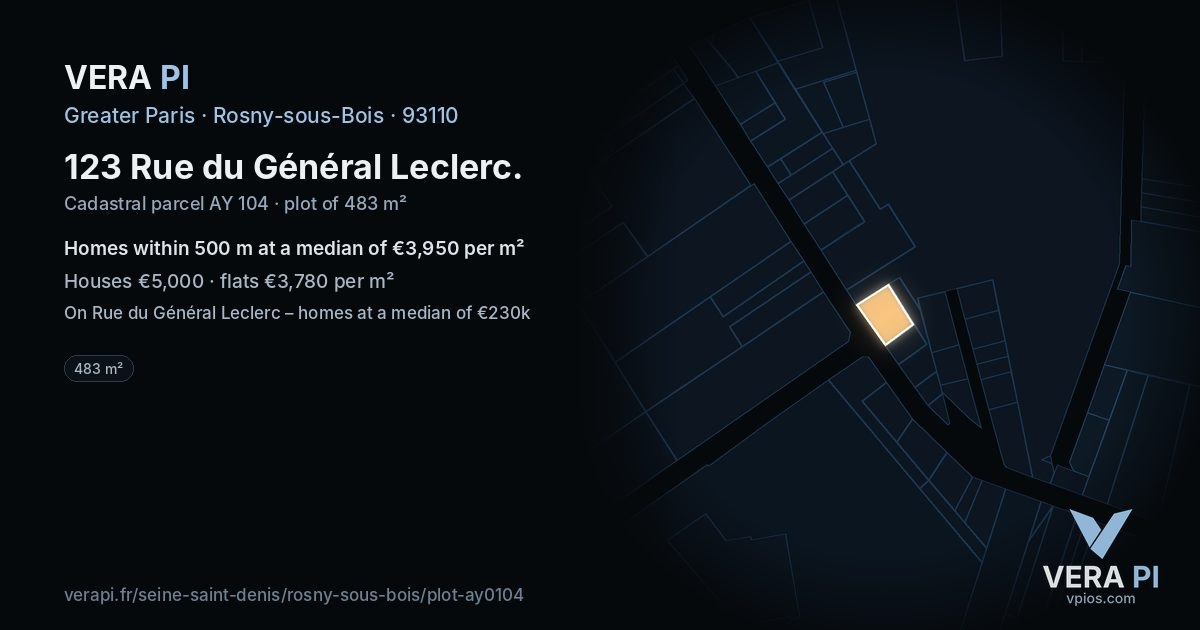 123 Rue du Général Leclerc, Rosny-sous-Bois at night – the plot lit, the parcels around coloured by the prices near them