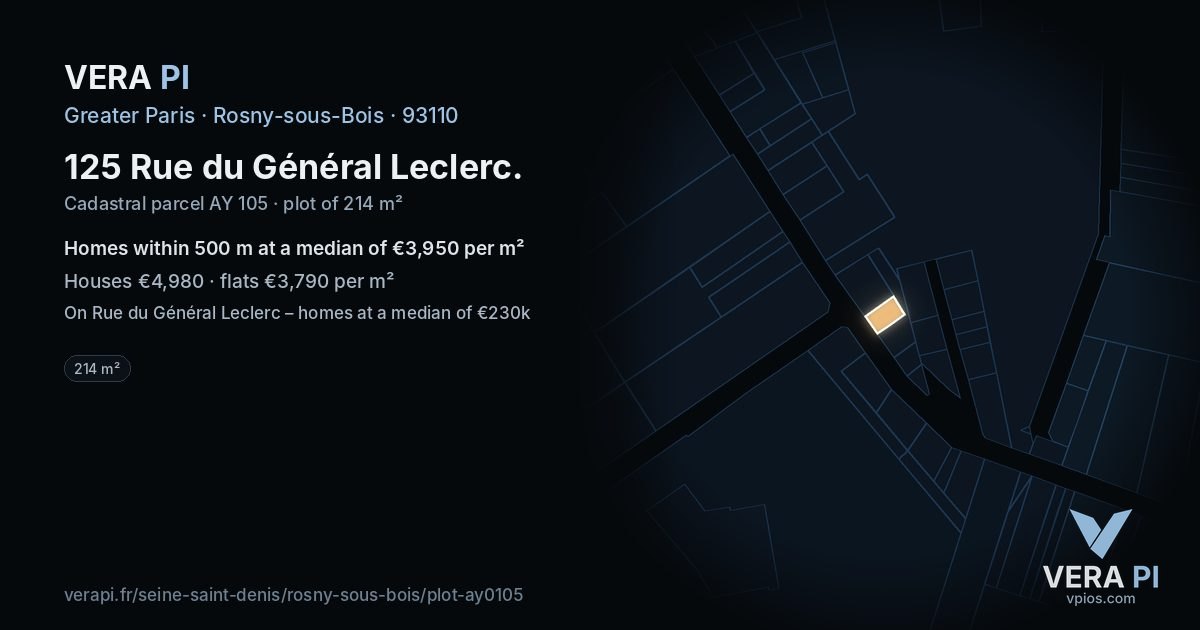 125 Rue du Général Leclerc, Rosny-sous-Bois at night – the plot lit, the parcels around coloured by the prices near them