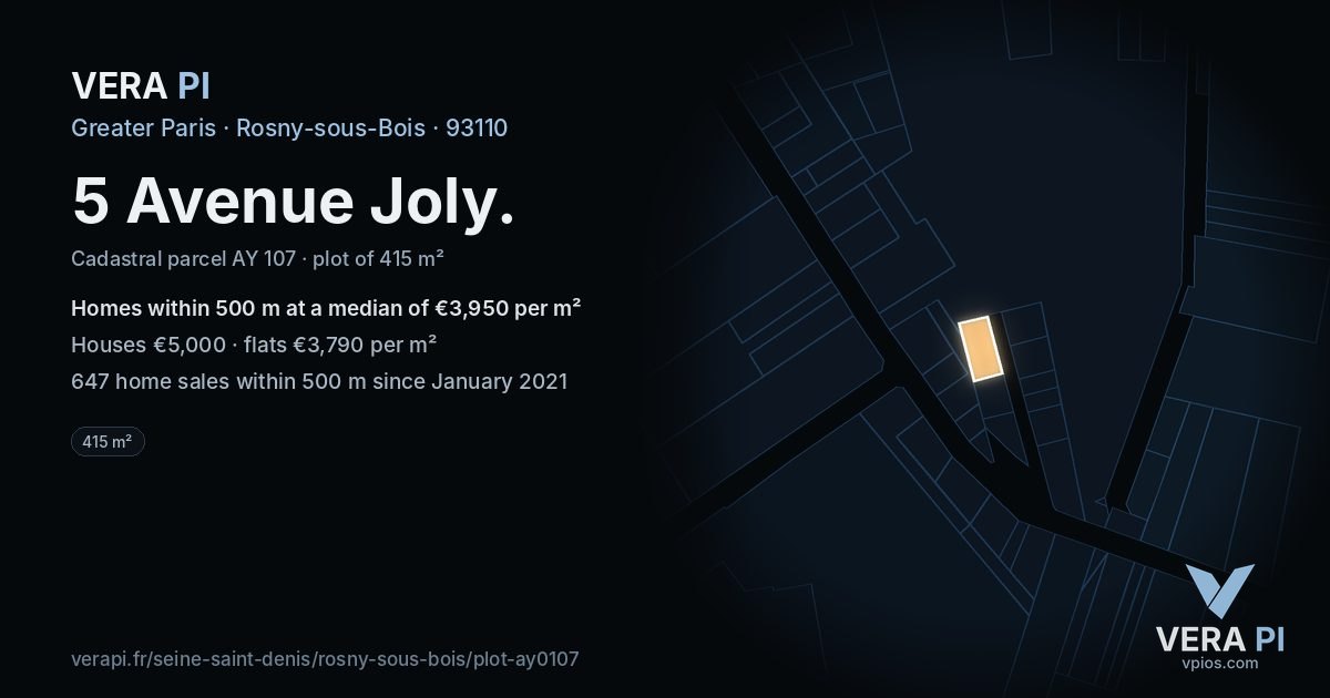 5 Avenue Joly, Rosny-sous-Bois at night – the plot lit, the parcels around coloured by the prices near them