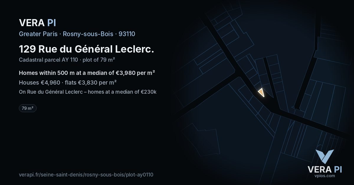 129 Rue du Général Leclerc, Rosny-sous-Bois at night – the plot lit, the parcels around coloured by the prices near them