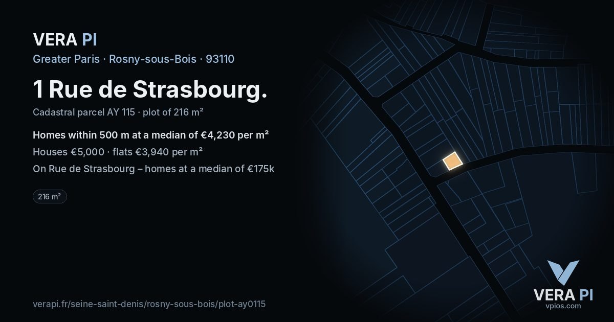 1 Rue de Strasbourg, Rosny-sous-Bois at night – the plot lit, the parcels around coloured by the prices near them