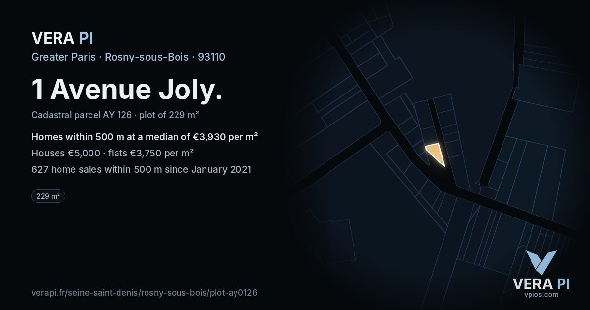 1 Avenue Joly, Rosny-sous-Bois at night – the plot lit, the parcels around coloured by the prices near them