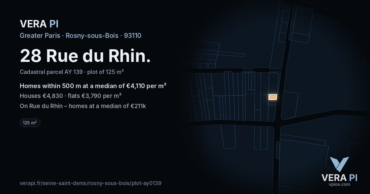 28 Rue du Rhin, Rosny-sous-Bois at night – the plot lit, the parcels around coloured by the prices near them