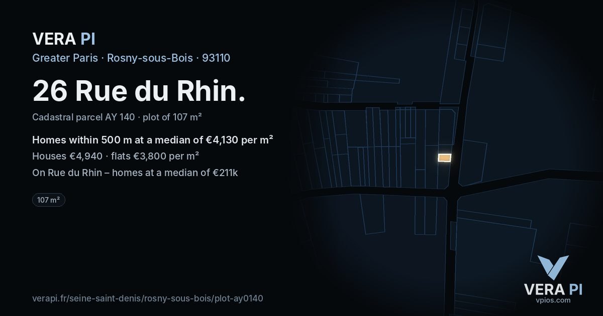 26 Rue du Rhin, Rosny-sous-Bois at night – the plot lit, the parcels around coloured by the prices near them
