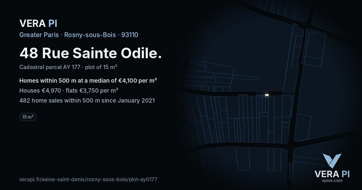 48 Rue Sainte Odile, Rosny-sous-Bois at night – the plot lit, the parcels around coloured by the prices near them