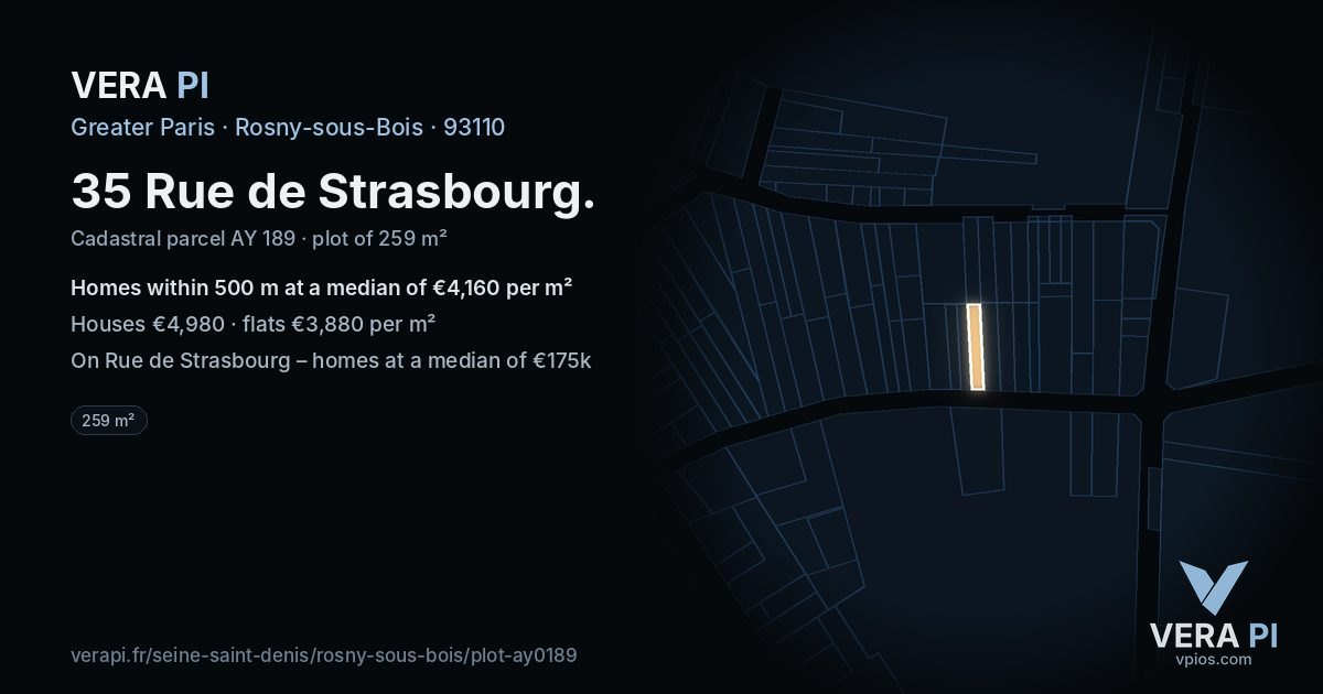 35 Rue de Strasbourg, Rosny-sous-Bois at night – the plot lit, the parcels around coloured by the prices near them