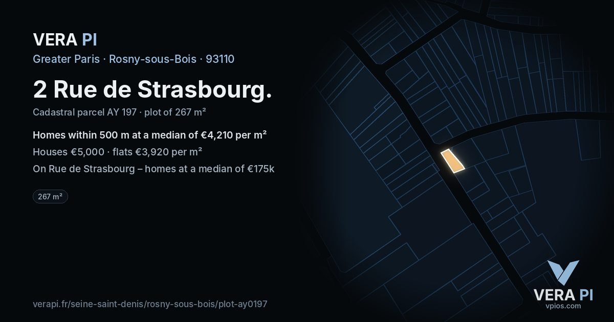 2 Rue de Strasbourg, Rosny-sous-Bois at night – the plot lit, the parcels around coloured by the prices near them