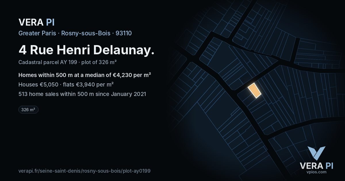 4 Rue Henri Delaunay, Rosny-sous-Bois at night – the plot lit, the parcels around coloured by the prices near them