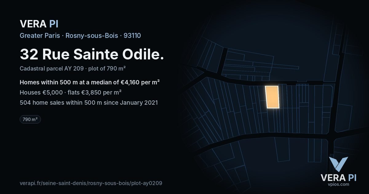 32 Rue Sainte Odile, Rosny-sous-Bois at night – the plot lit, the parcels around coloured by the prices near them