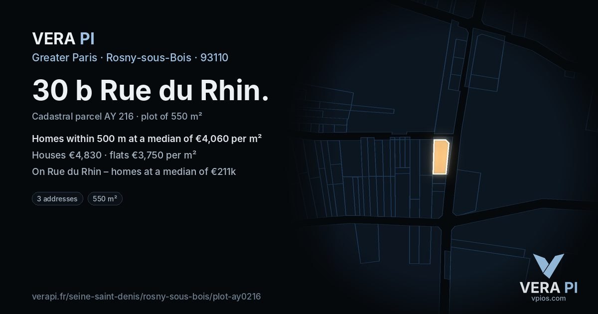 30 b Rue du Rhin, Rosny-sous-Bois at night – the plot lit, the parcels around coloured by the prices near them