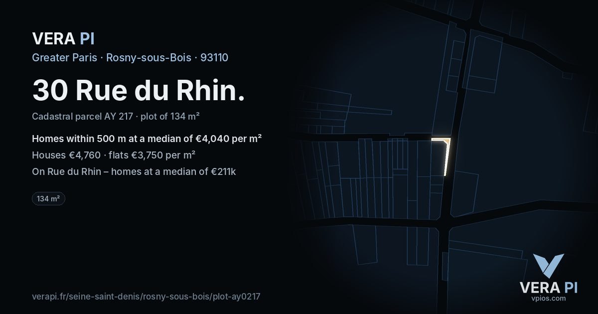 30 Rue du Rhin, Rosny-sous-Bois at night – the plot lit, the parcels around coloured by the prices near them