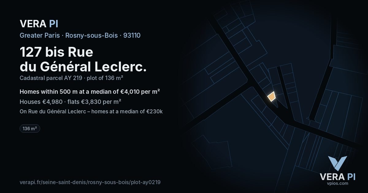 127 bis Rue du Général Leclerc, Rosny-sous-Bois at night – the plot lit, the parcels around coloured by the prices near them