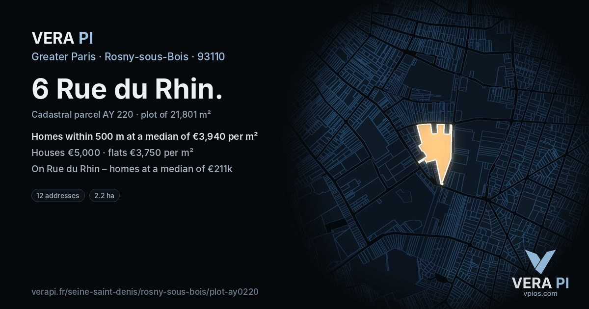 6 Rue du Rhin, Rosny-sous-Bois at night – the plot lit, the parcels around coloured by the prices near them