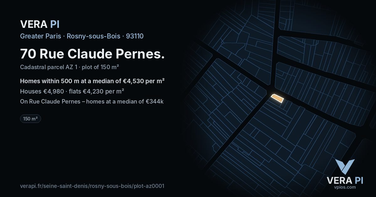 70 Rue Claude Pernes, Rosny-sous-Bois at night – the plot lit, the parcels around coloured by the prices near them
