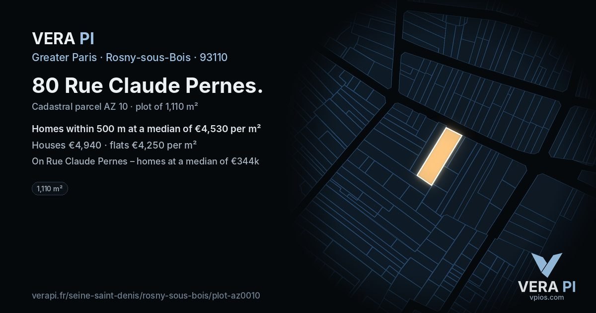80 Rue Claude Pernes, Rosny-sous-Bois at night – the plot lit, the parcels around coloured by the prices near them