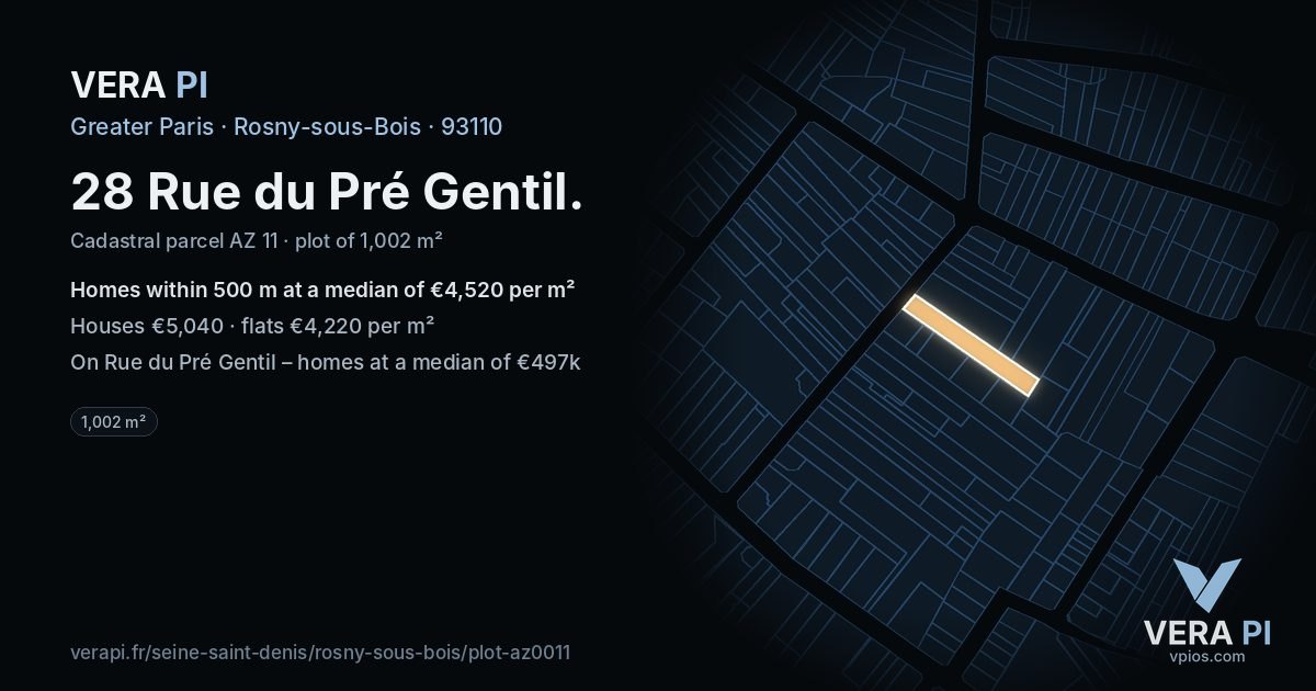 28 Rue du Pré Gentil, Rosny-sous-Bois at night – the plot lit, the parcels around coloured by the prices near them