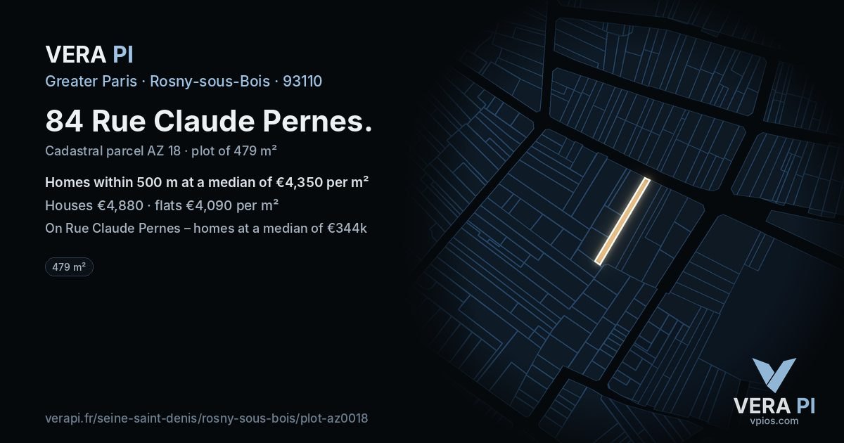 84 Rue Claude Pernes, Rosny-sous-Bois at night – the plot lit, the parcels around coloured by the prices near them
