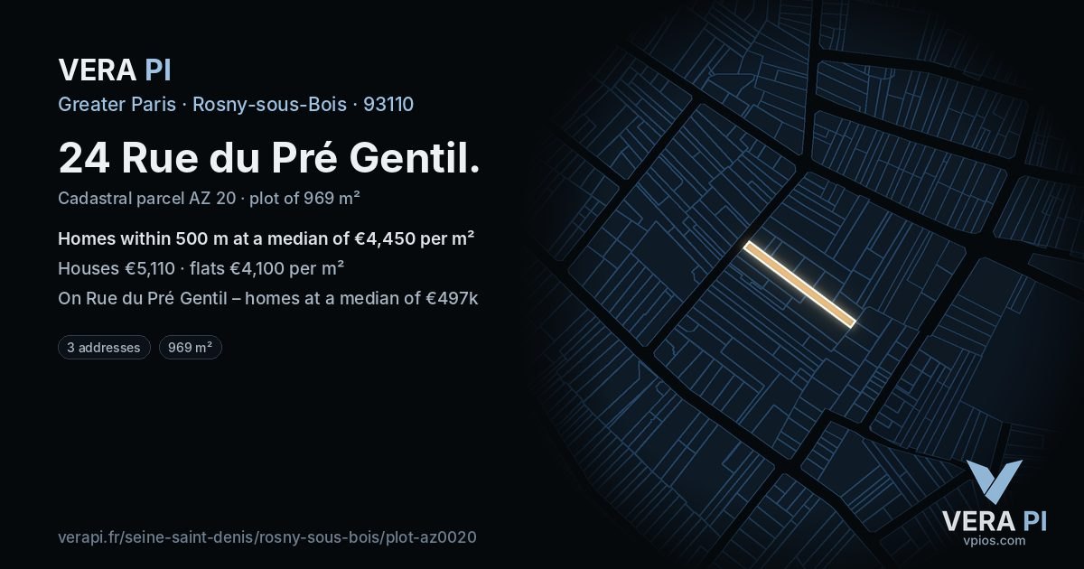 24 Rue du Pré Gentil, Rosny-sous-Bois at night – the plot lit, the parcels around coloured by the prices near them