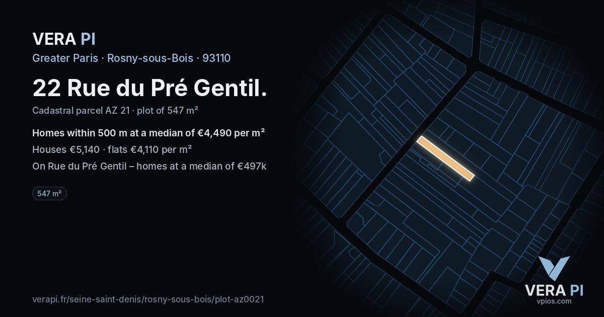 22 Rue du Pré Gentil, Rosny-sous-Bois at night – the plot lit, the parcels around coloured by the prices near them