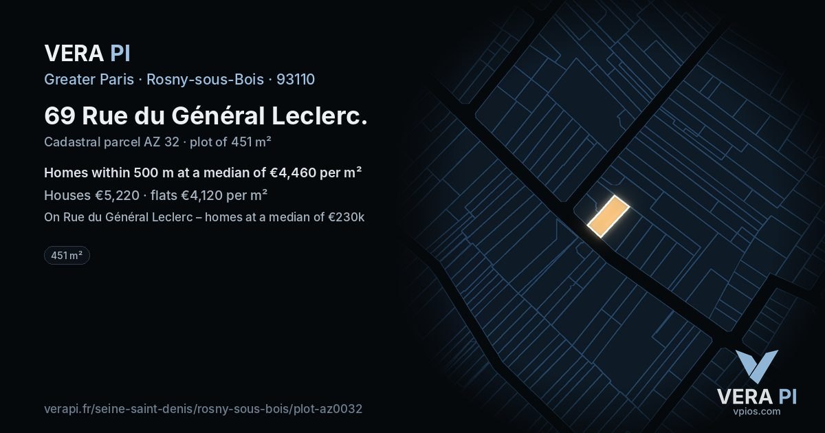 69 Rue du Général Leclerc, Rosny-sous-Bois at night – the plot lit, the parcels around coloured by the prices near them