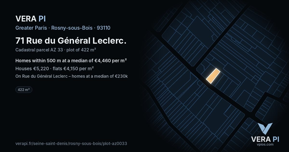 71 Rue du Général Leclerc, Rosny-sous-Bois at night – the plot lit, the parcels around coloured by the prices near them