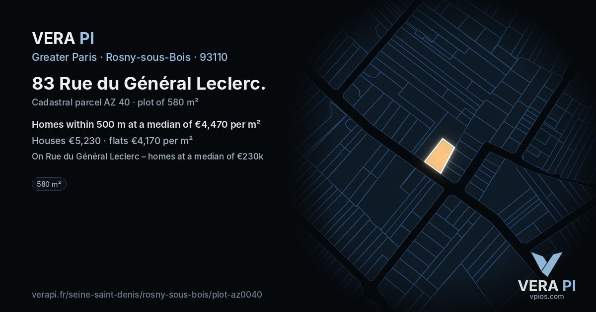 83 Rue du Général Leclerc, Rosny-sous-Bois at night – the plot lit, the parcels around coloured by the prices near them