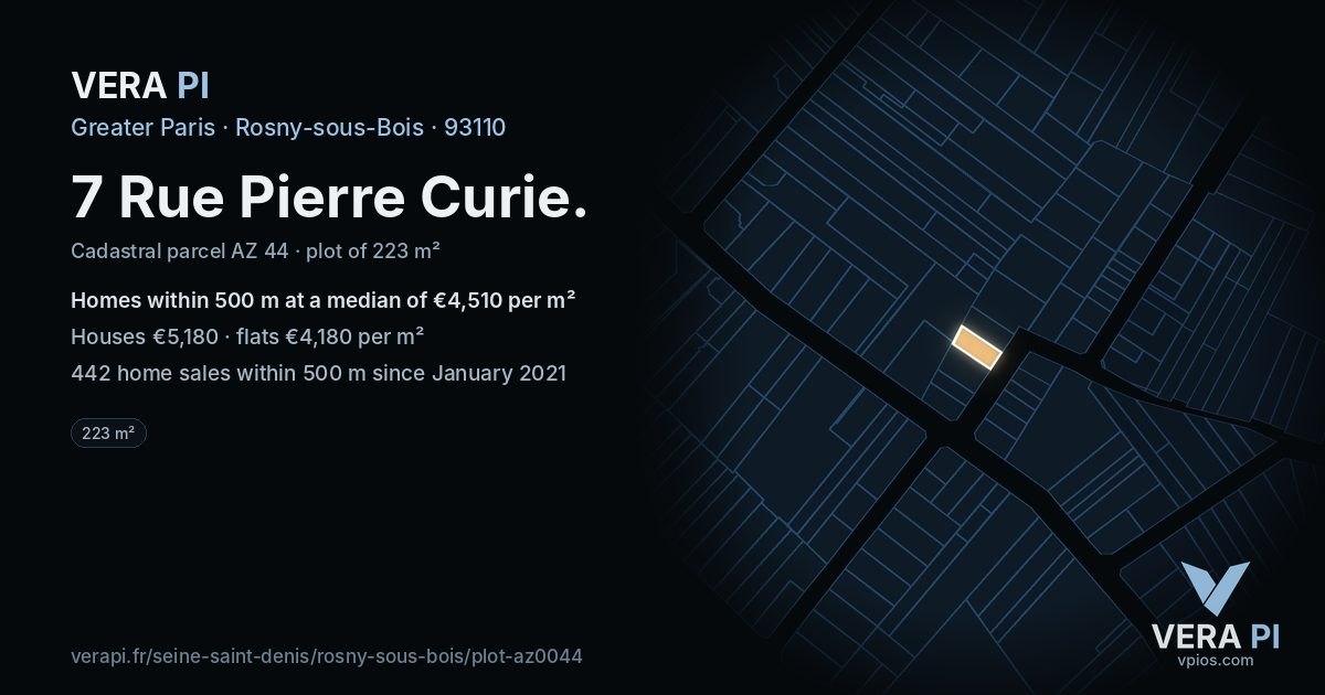 7 Rue Pierre Curie, Rosny-sous-Bois at night – the plot lit, the parcels around coloured by the prices near them