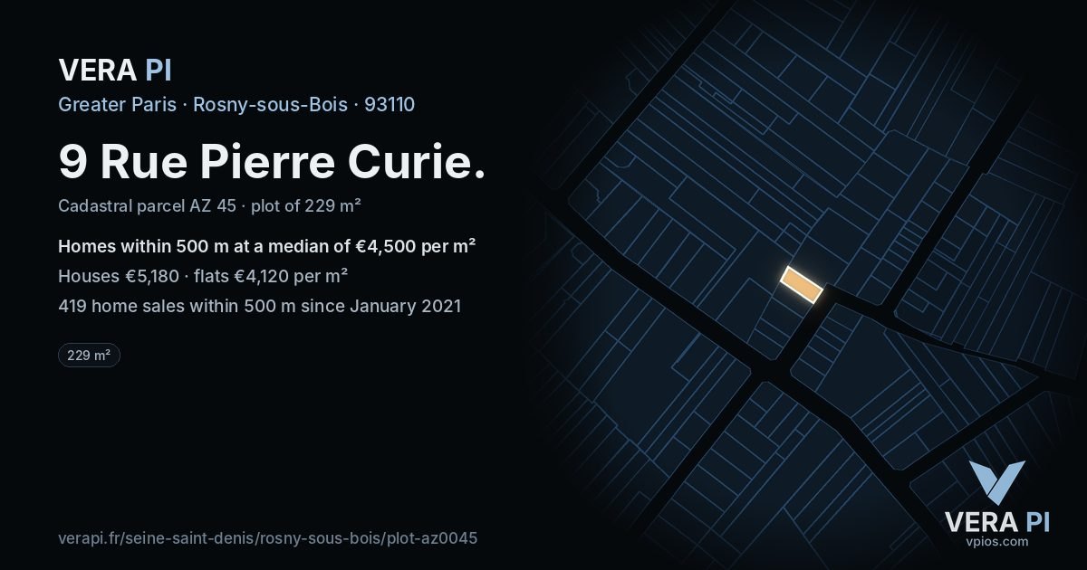 9 Rue Pierre Curie, Rosny-sous-Bois at night – the plot lit, the parcels around coloured by the prices near them