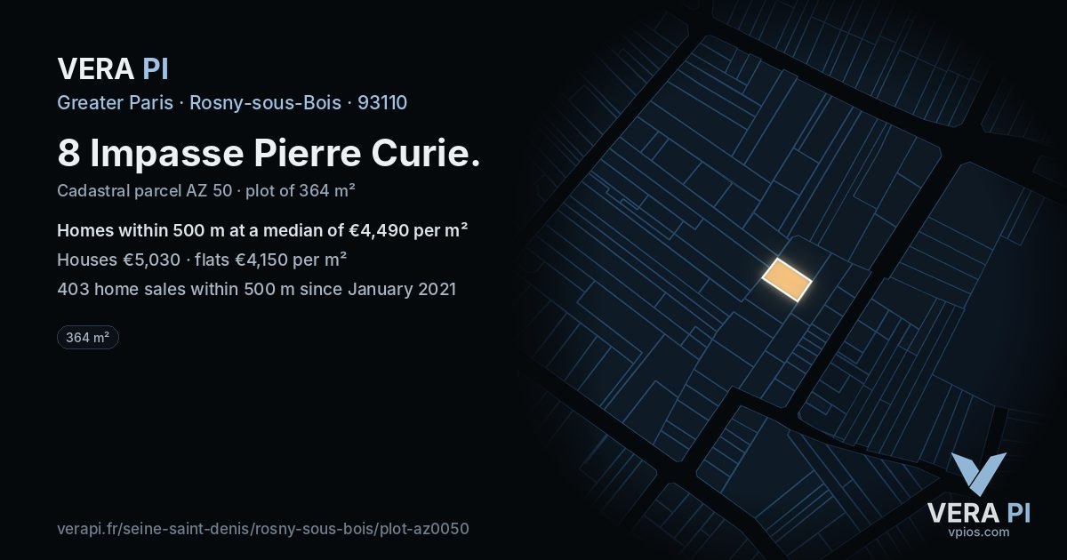 8 Impasse Pierre Curie, Rosny-sous-Bois at night – the plot lit, the parcels around coloured by the prices near them