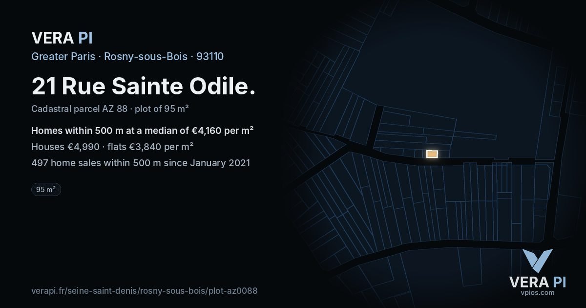 21 Rue Sainte Odile, Rosny-sous-Bois at night – the plot lit, the parcels around coloured by the prices near them