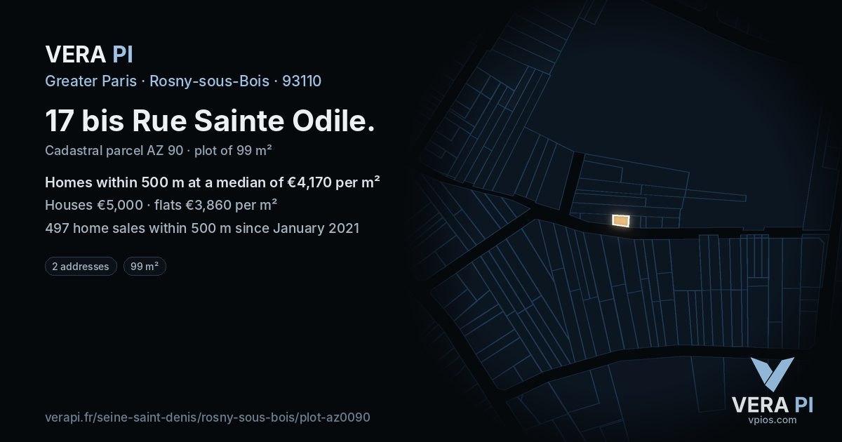 17 bis Rue Sainte Odile, Rosny-sous-Bois at night – the plot lit, the parcels around coloured by the prices near them