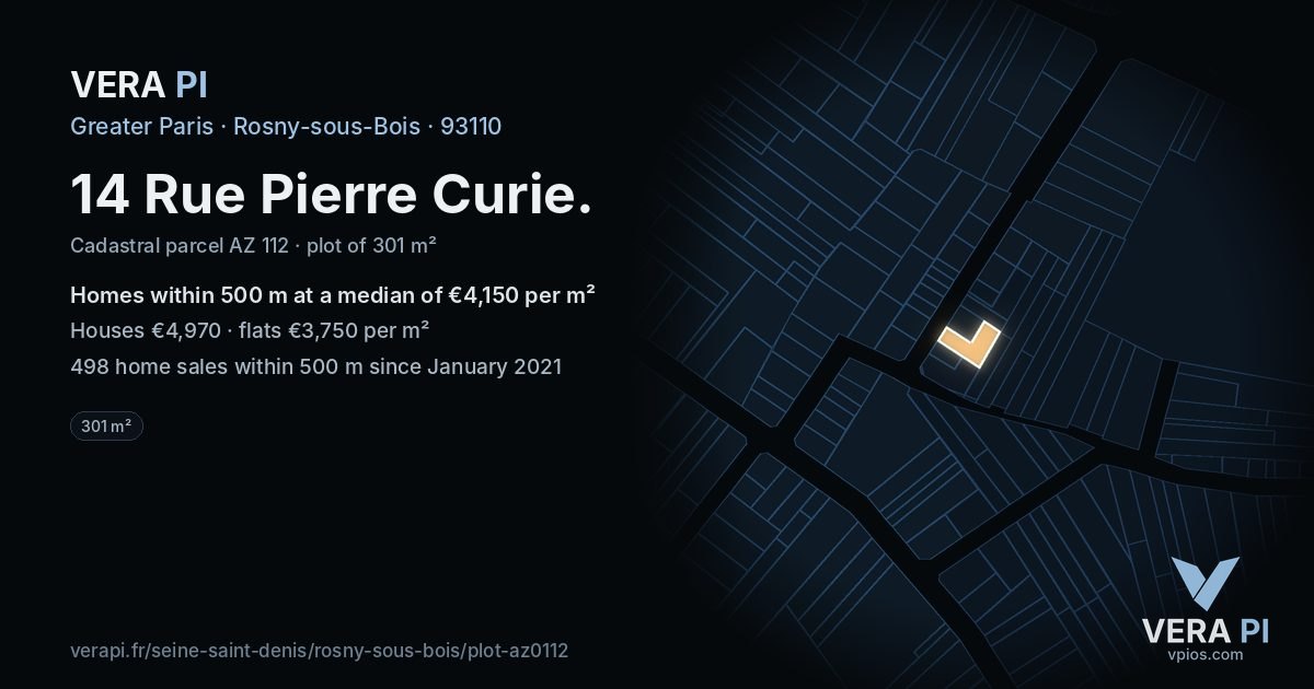 14 Rue Pierre Curie, Rosny-sous-Bois at night – the plot lit, the parcels around coloured by the prices near them