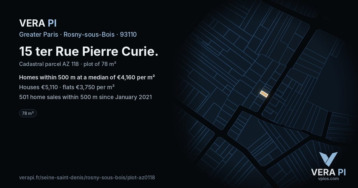 15 ter Rue Pierre Curie, Rosny-sous-Bois at night – the plot lit, the parcels around coloured by the prices near them