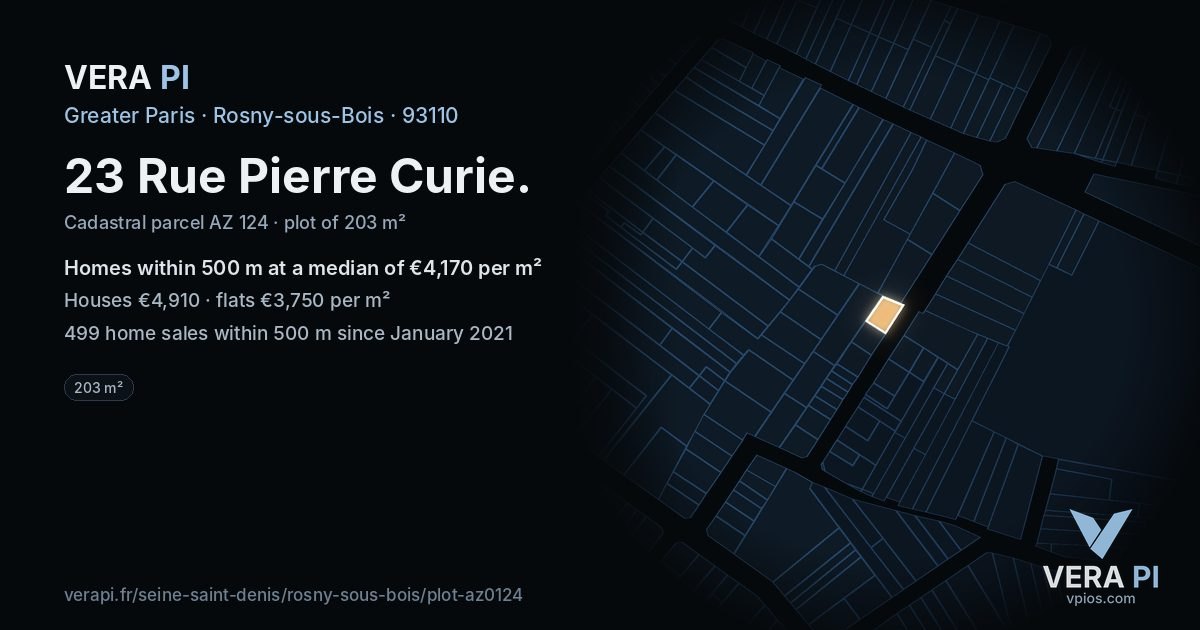 23 Rue Pierre Curie, Rosny-sous-Bois at night – the plot lit, the parcels around coloured by the prices near them