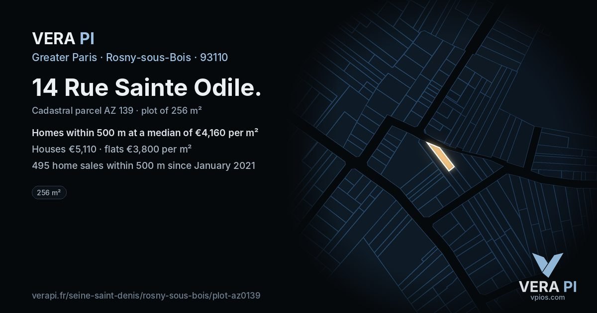 14 Rue Sainte Odile, Rosny-sous-Bois at night – the plot lit, the parcels around coloured by the prices near them