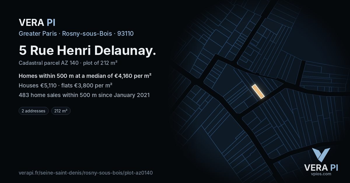 5 Rue Henri Delaunay, Rosny-sous-Bois at night – the plot lit, the parcels around coloured by the prices near them