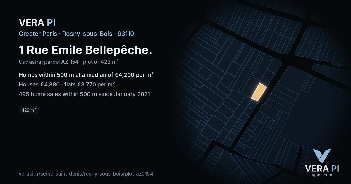 1 Rue Emile Bellepêche, Rosny-sous-Bois at night – the plot lit, the parcels around coloured by the prices near them