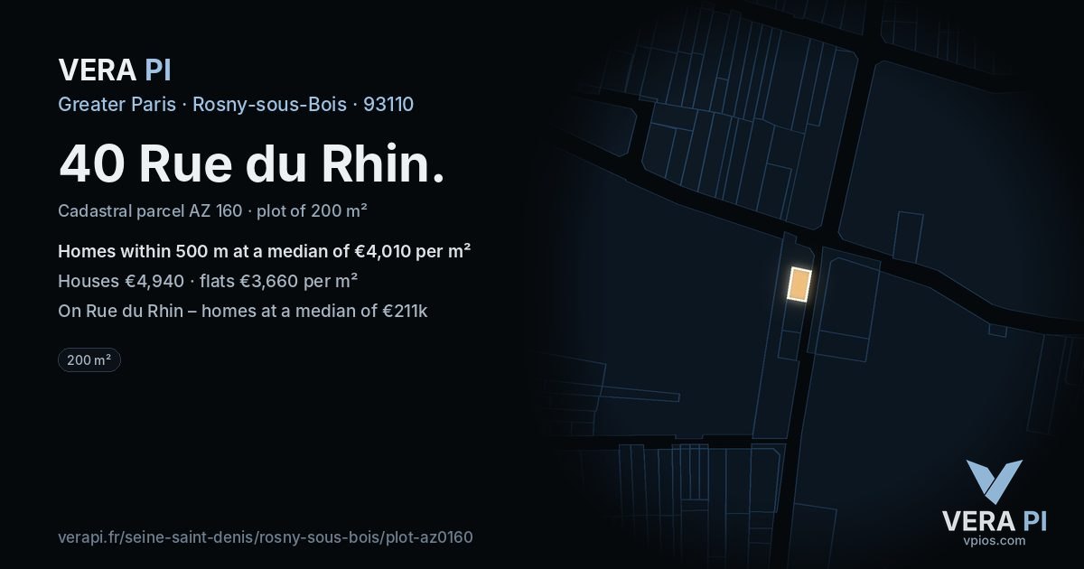40 Rue du Rhin, Rosny-sous-Bois at night – the plot lit, the parcels around coloured by the prices near them