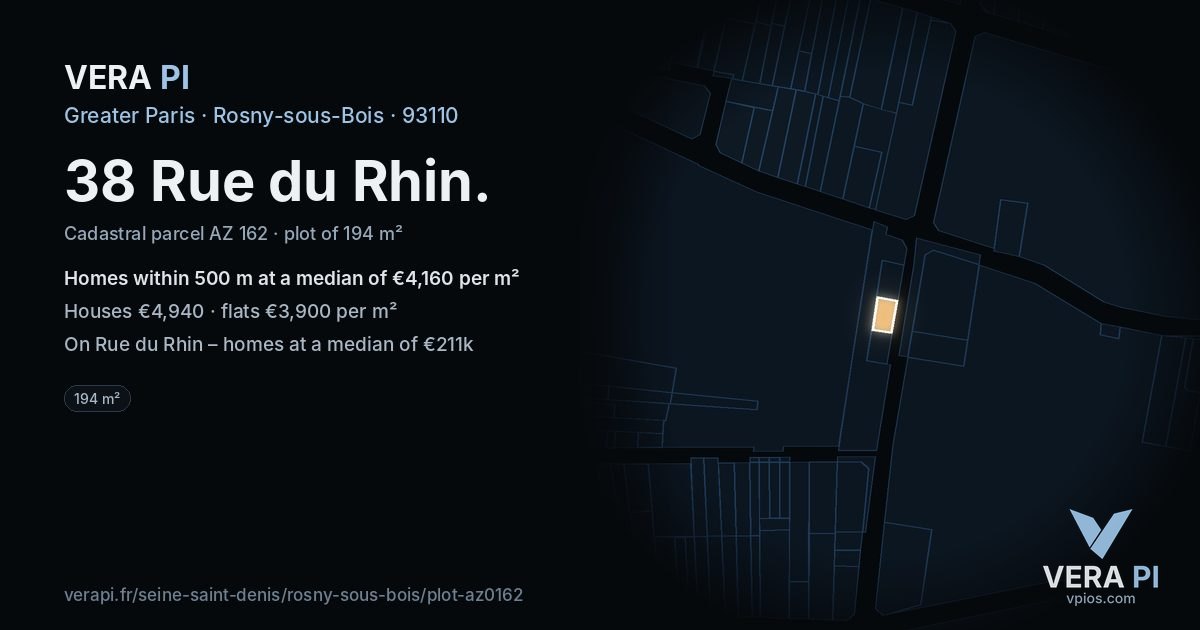 38 Rue du Rhin, Rosny-sous-Bois at night – the plot lit, the parcels around coloured by the prices near them
