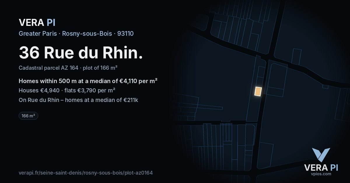 36 Rue du Rhin, Rosny-sous-Bois at night – the plot lit, the parcels around coloured by the prices near them
